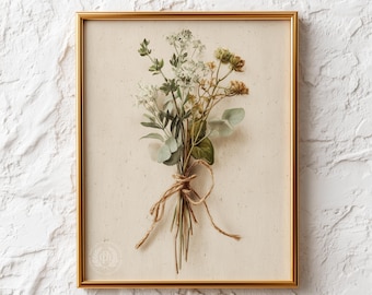 Rustic Wild Herb Bouquet Printable - Cottagecore Botanical Watercolor, Neutral Farmhouse Decor, Eucalyptus & Wildflower Digital Art