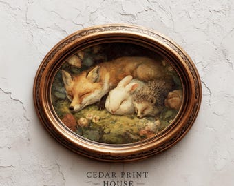 Cozy Woodland Creatures Sleeping, Cottagecore Vintage Printable Art, Fox Rabbit Hedgehog Illustration, Storybook Forest Scene Download