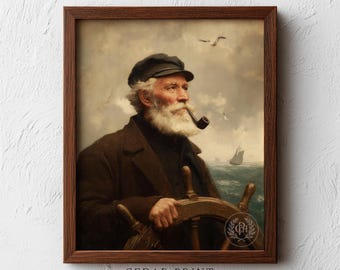 May include: A framed wall art print depicting an elderly sailor with a white beard and a dark cap, smoking a pipe while steering a ship. The scene features a brown wooden frame, a dark coat, and a maritime background with a boat and seagulls.