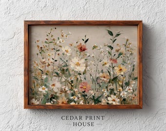 Wildflower Meadow Rustic Print - Cottagecore Floral Scene, Vintage Farmhouse Decor, Neutral Botanical Printable, Calming Wall Art Download
