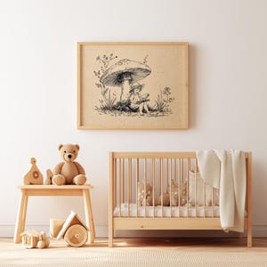 Whimsical mushroom girl picture for hallway — handcrafted art with intricate line work capturing a serene woodland atmosphere.
