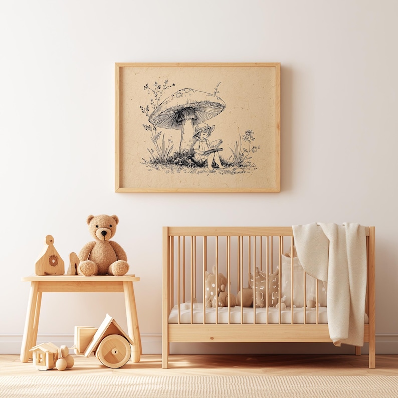 Whimsical mushroom girl picture for hallway — handcrafted art with intricate line work capturing a serene woodland atmosphere.