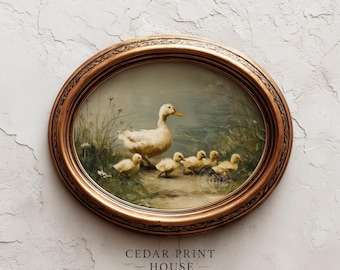 Mother Duck with Ducklings Illustration Printable, Pastoral Vintage Style, Cottagecore Farmhouse Art, Cozy Water Scene, Art Download