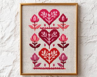 Faux Cross-Stitch Heart Wall Art Printable - Folk Art Embroidery, Cottagecore Decor, Floral Art, Cozy Needlework Art Print, Nordic Art