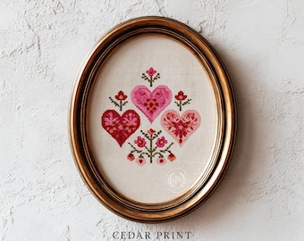 Faux Cross-Stitch Digital Art Print - Cottagecore Romantic Heart Wall Art, Cozy Embroidery Art Printable, Nordic Art, Folk Art Download