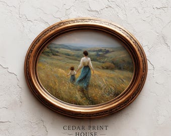 Mother & Child in Meadow Wall Art, Rustic Mother's Day Printable, Serene Pastoral Scene, Cottagecore Country Art, Vintage Farmhouse Decor