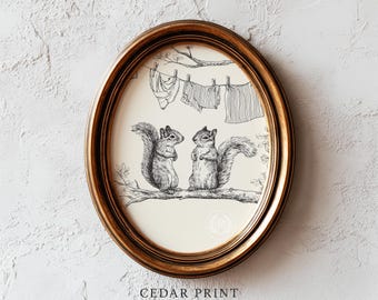 Squirrel Laundry Day Line Art Printable - Cute Vintage Nursery Wall Decor, Rustic Cottagecore Sketch, Children's Room, Instant Download