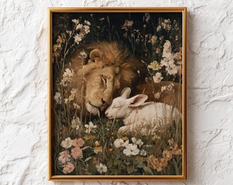 The Lion and the Lamb Christian Art Print - Easter Spring Wall Decor, Serene Meadow Scene Printable, Cottagecore Digital Art Download