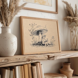 Artistic image of a girl under a mushroom poster for children’s reading nook — nurturing workspace with cozy storybook vibes.