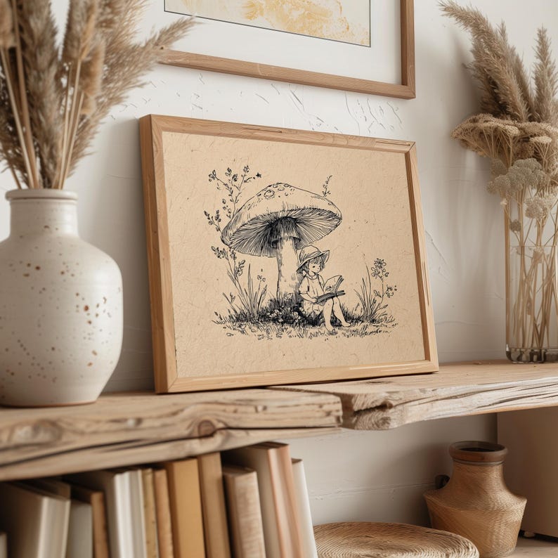 Artistic image of a girl under a mushroom poster for children’s reading nook — nurturing workspace with cozy storybook vibes.
