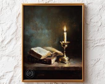 Bible Reading by Candlelight Print - Rustic Vintage Wall Art, Still Life Painting, Moody Printable Art, Christian Wall Art, Digital Download