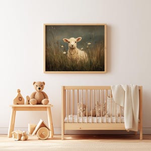 Lamb artwork digital print for living room — charming rustic style capturing a serene moment with vintage vibes amidst a moody sky.