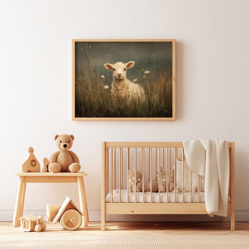 Lamb artwork digital print for living room — charming rustic style capturing a serene moment with vintage vibes amidst a moody sky.