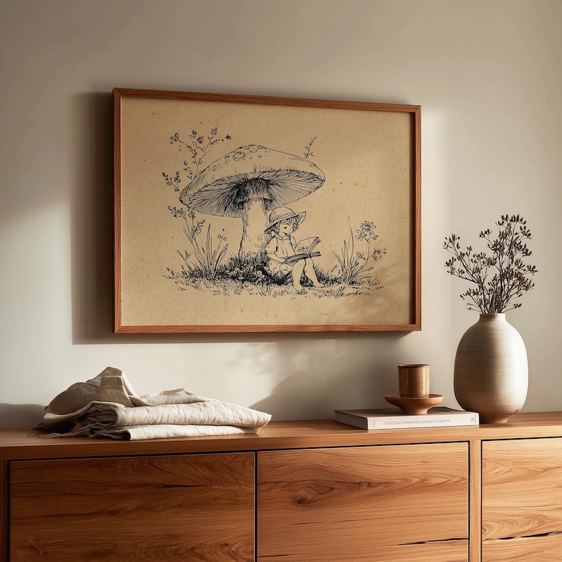 Cute forest girl poster for entryway — delightful hand-drawn character nestled amongst foliage, perfect for cozy home decor.