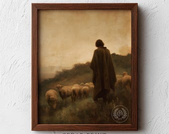 The Good Shepherd Printable Moody Biblical Wall Art - Rustic Pastoral Decor, Vintage Christian Printable, First-Century Countryside Painting