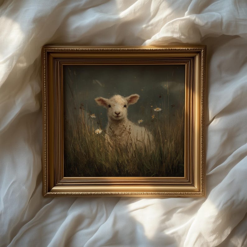Peaceful lamb digital artwork for laundry room — gentle imagery of a lamb surrounded by nature, perfect for a relaxing atmosphere.