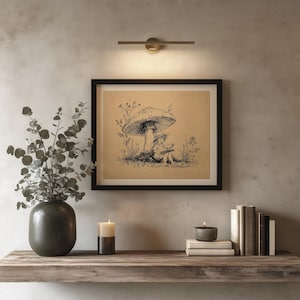 Charming toadstool wall decor for family room — a cozy illustration showcasing a girl enchanted by nature’s beauty in vintage style.