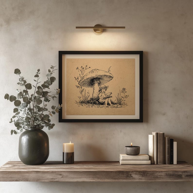 Charming toadstool wall decor for family room — a cozy illustration showcasing a girl enchanted by nature’s beauty in vintage style.