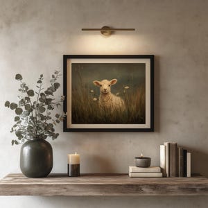 Sweet lamb wall art for bedroom — painterly realism featuring a peaceful lamb resting in grassy meadows with delicate wildflowers around.