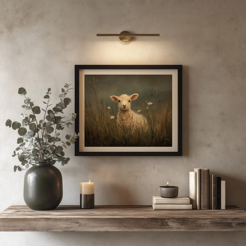 Sweet lamb wall art for bedroom — painterly realism featuring a peaceful lamb resting in grassy meadows with delicate wildflowers around.