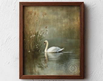 Tranquil White Swan on Misty Pond - Moody Cottagecore Wall Art, Vintage Watercolor-Style Scene, Printable Digital Art Download