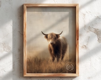Rustic Highland Cow Painting Printable - Cozy Farmhouse Wall Art, Moody Earthy Decor, Vintage Style Highland Cattle, Digital Download Art