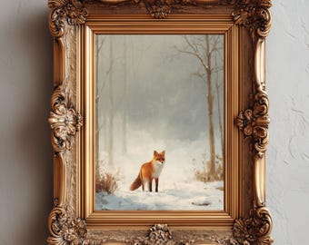 Escena de zorro en el bosque invernal: retrato rústico de bosque nevado, ilustración de zorro sereno, arte de vida silvestre cottagecore, descarga digital