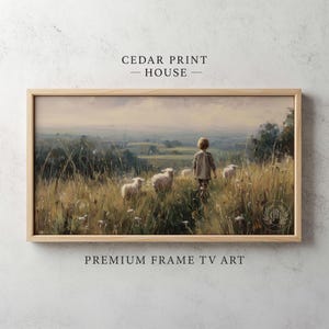 May include: A rectangular landscape print in a light wood frame titled CEDAR PRINT HOUSE PREMIUM FRAME TV ART. The artwork depicts a child walking through a tall, golden-brown grassy field with several white sheep under a soft, overcast sky.
