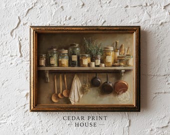 Primitive Kitchen Shelf Art - Cottagecore Kitchen Decor, Cozy Farmhouse Still Life, Earthy Painting, Vintage Printable Digital Download