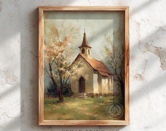 May include: Framed art print of a quaint church with a steeple, set amidst blossoming trees and a grassy landscape. The artwork features a warm color palette with a rustic wooden frame. The text "CEDAR PRINT HOUSE" is at the bottom.