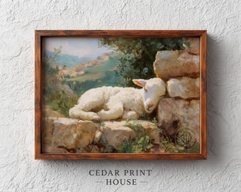 Lamb Resting by Stone Wall - Easter Decor, Cottagecore, Serene Wall Decor, Farmhouse Spring Art, Passover Lamb, Printable Christian Download