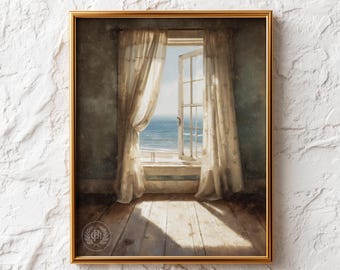 Coastal Window View Painting - Sunlit Ocean Scene, Cottagecore, Rustic Interior Art, Printable Seaside Decor, Vintage Cottage Wall Art
