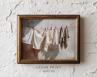 Laundry Room Wall Art, Rustic Linen on Clothesline - Farmhouse Cottagecore Decor, Soft Neutral Morning Light, Printable Vintage Towel Print