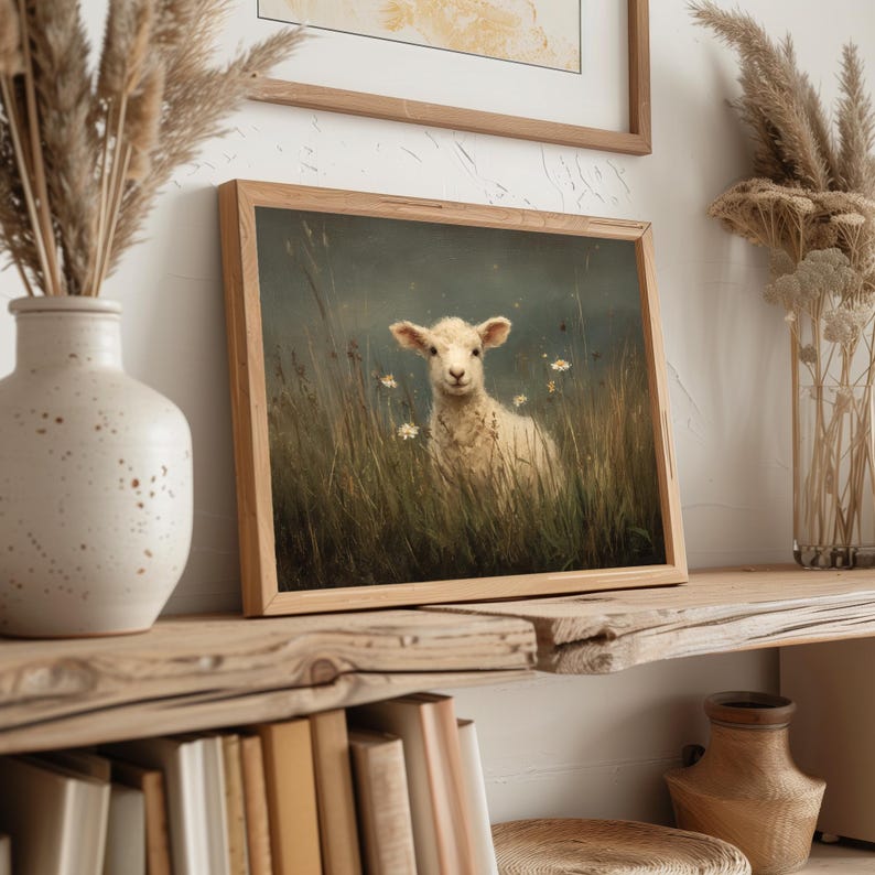 Classical lamb wall art for bedrooms — softly detailed painting with vintage charm, bringing a serene touch to your space.