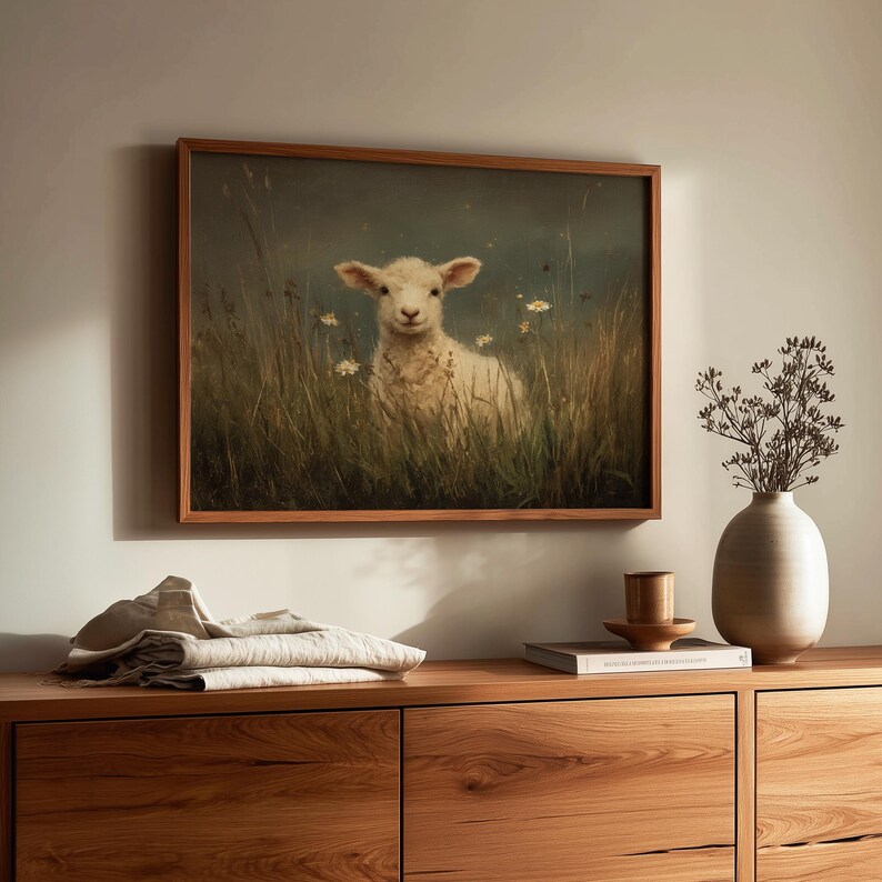Tender lamb illustration printable art for kitchen — soft realism in muted hues, creating a vintage mood with pastoral motifs.