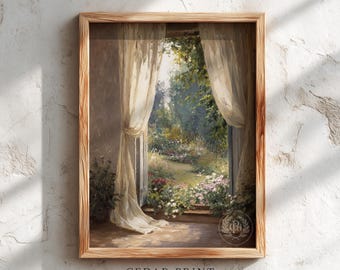 Florals & Billowing Curtains Print - Vintage Garden View, Cozy Cottagecore Scene, Printable Rustic Wall Art, Digital Download Decor
