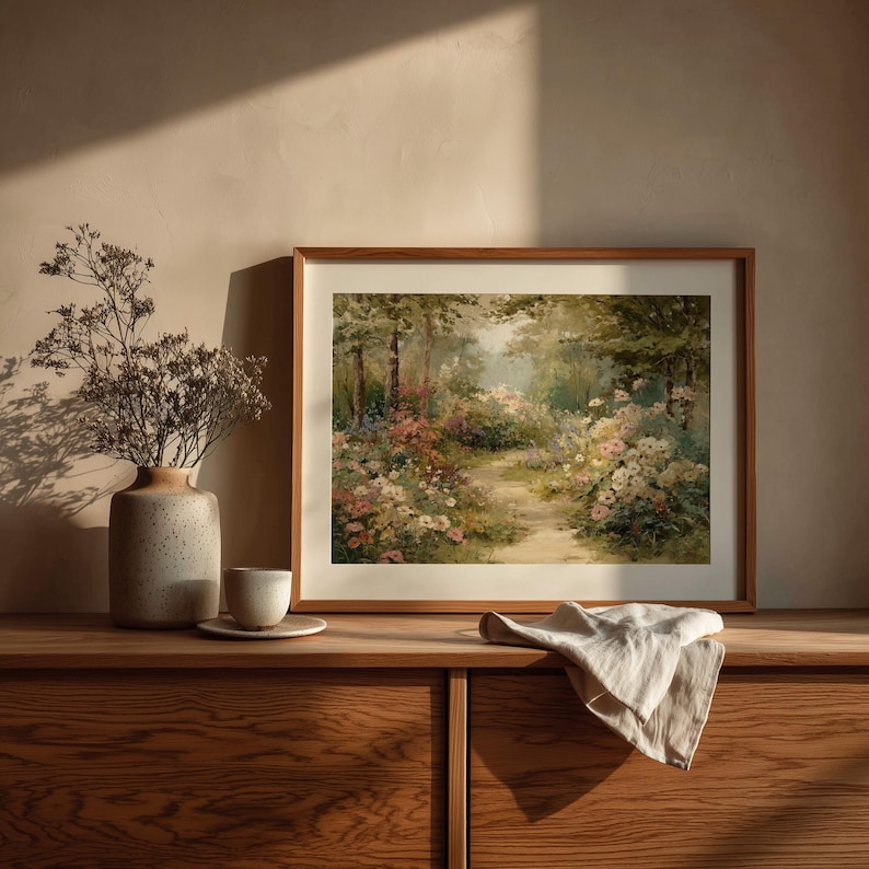Romantic Garden Path Print - Cottagecore Vintage Landscape Art, Roses ...