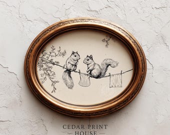 Squirrel Laundry Day Art Printable - Vintage Pen and Ink Illustration, Cute Cozy Scene, Woodland Decor, Rustic Cottagecore Instant Download