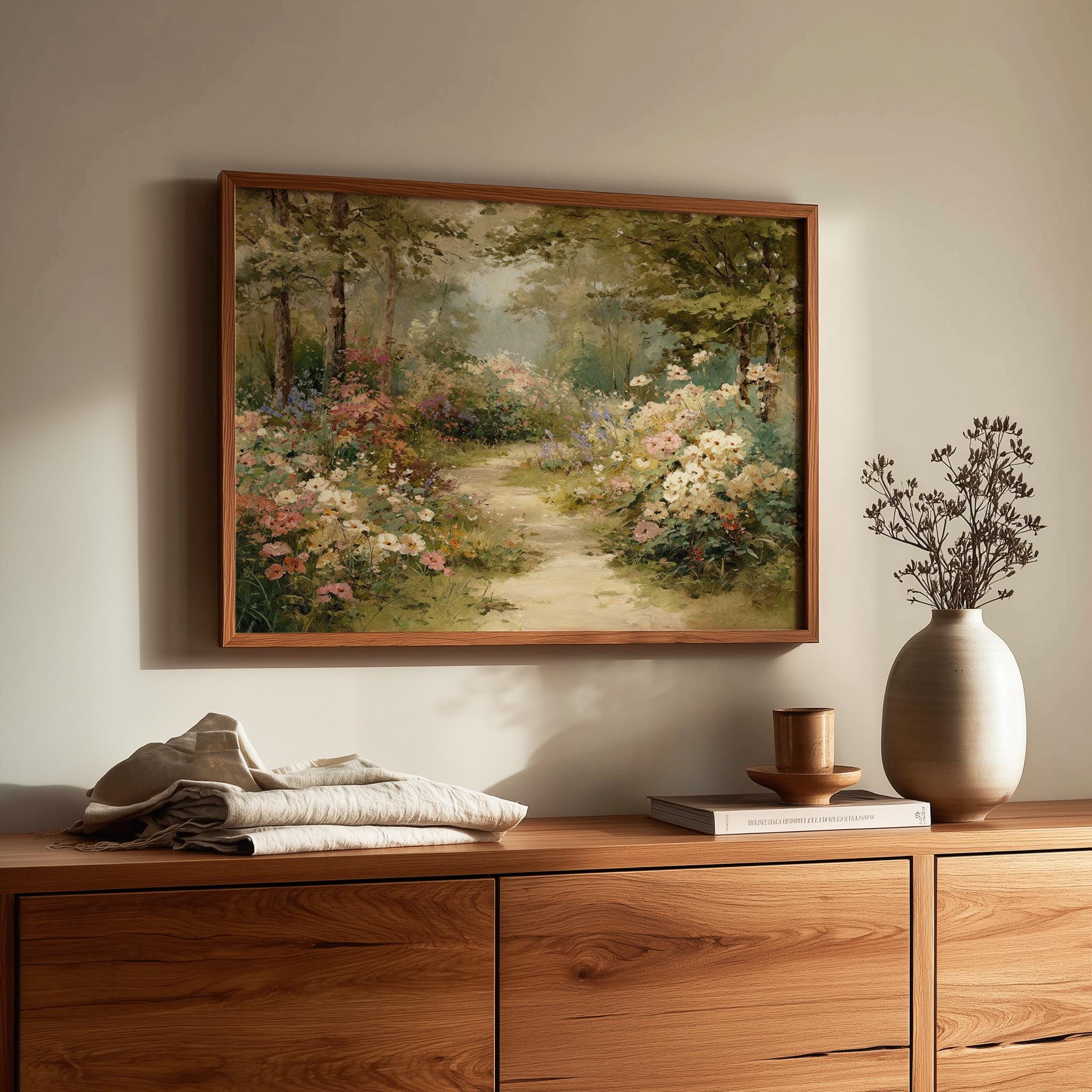 Romantic Garden Path Print - Cottagecore Vintage Landscape Art, Roses ...