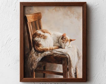 Sleeping Orange Tabby Cat on Rustic Chair - Cozy Cottagecore Art, Primitive Painting, Printable Feline Decor, Warm Muted Digital Download