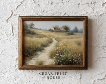 Countryside Villa Landscape Painting - Rustic Country Cottage Art, Winding Path & Wildflowers, Cottagecore, Printable Digital Download