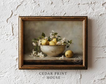 Lemon Still Life Digital Art Printable - Vintage Cottagecore Kitchen Painting, Rustic Farmhouse Ceramic Bowl with White Blossoms Download