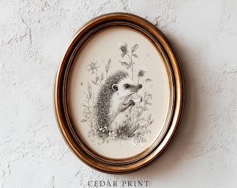 Hedgehog with Teacup Whimsical Nursery Art Print - Vintage Line Art Sketch, Cottagecore Children's Wall Art, Animal Illustration Printable