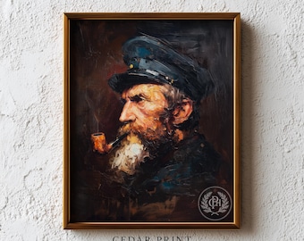 Nautical Sea Captain Portrait Digital Print - Vintage Maritime Oil Painting, Moody Seafarer Decor, Nautical Home Wall Art, Printable Digital