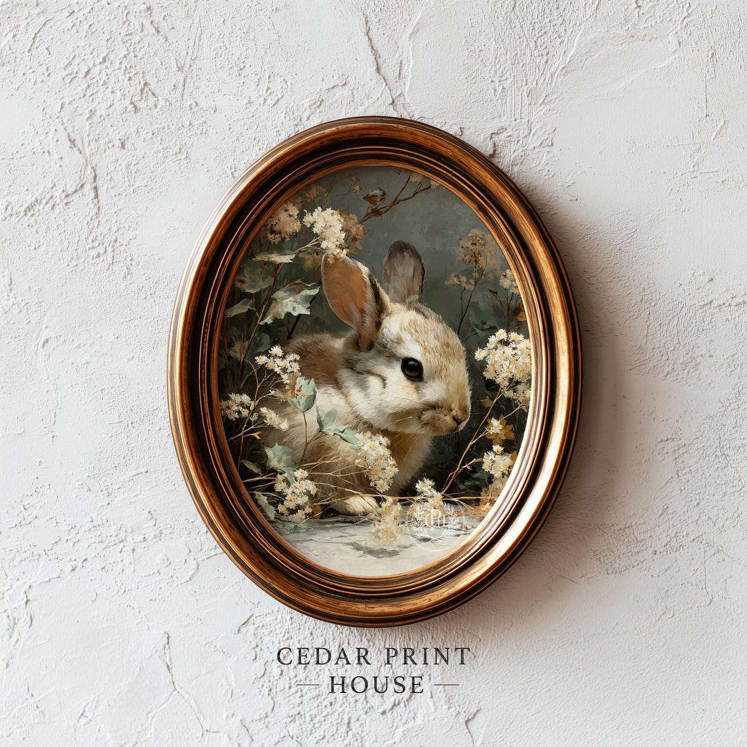 Vintage Rabbit in Flowers Portrait - Cozy Cottagecore Art, Neutral ...