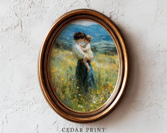 Vintage Mother's Day Art - Pastoral Mother and Child in Meadow, Serene Summer Scene, Cozy Romantic Printable, Cottagecore Digital Download