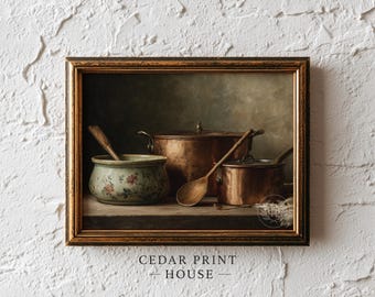 Vintage Copper Pots Still Life Printable Digital Download - Primitive Kitchen Decor, Moody Kitchen Painting, Rustic Farmhouse Art Print