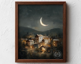 Crescent Moon Over Quaint Village Art Print - Moody Vintage Nighttime Scene, Cottagecore Rustic Charm, Printable Cozy Art, Digital Decor