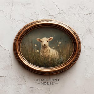 Serene lamb painting wall art for children's room — soft, soothing colors create a vintage feel with tender pastoral elements.