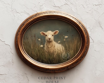 Lamb Among Wildflowers & Tall Grass, Moody Cottagecore Art, Rustic Spring Print, Cozy Farmhouse Decor, Printable Digital Wall Download